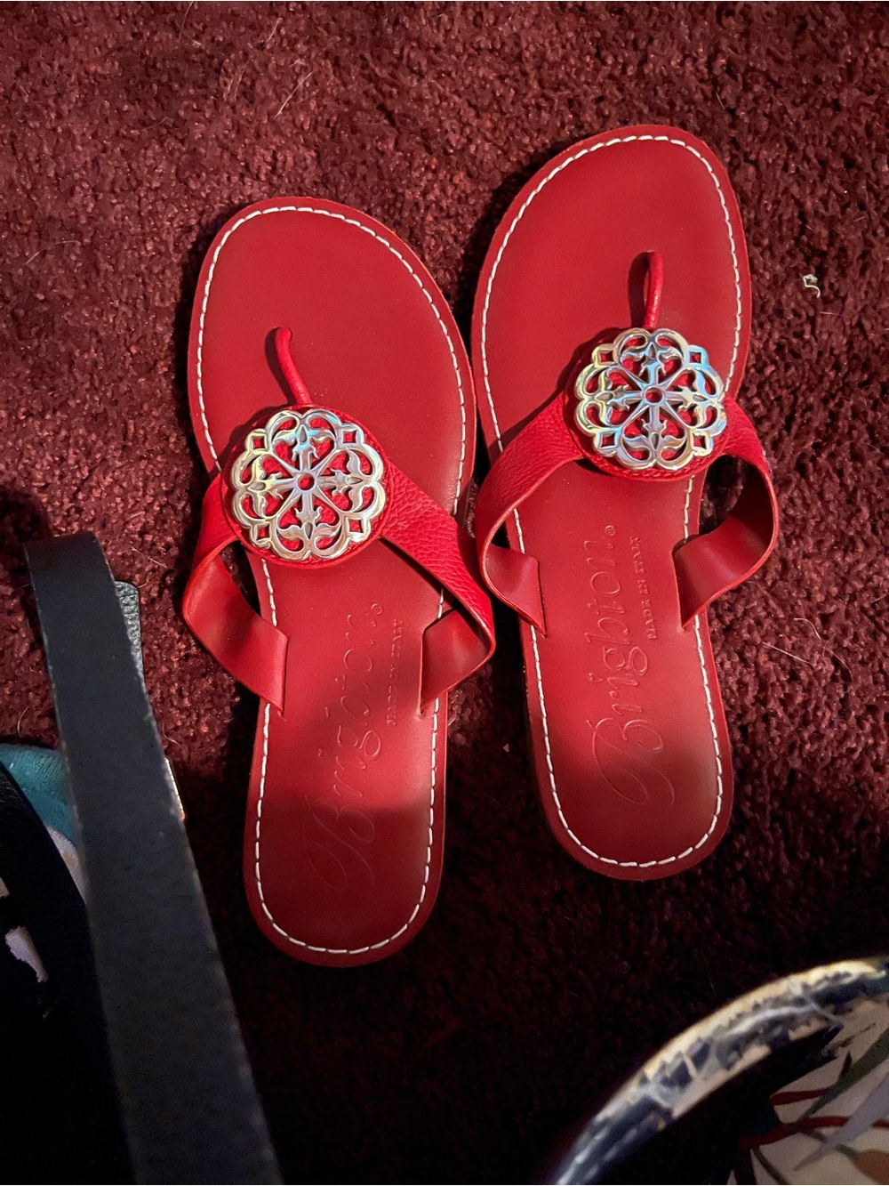 Brighton Red Leather Sandal with Gold-Tone Medallion